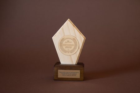 Reconocimiento de madera natural con silueta personalizada, pieza central grabada y placa grabada en la base